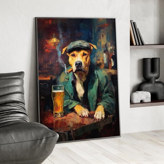 Pit Bull Pub Scene Oil Painting Poster Dog Portrait with Cigar and Beer Vintage Art Funny Dog Portrait Man Cave Decor Unframed Paper Print