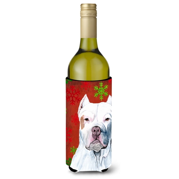 Pit Bull Red and Green Snowflakes Holiday Christmas Wine Bottle Hugger