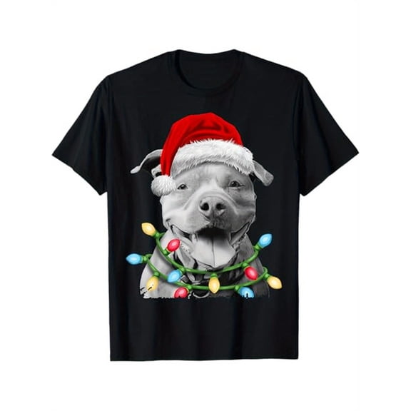 Pit Bull Santa Christmas Tree Lights Xmas Dog Dogmas T-Shirt, 100% Cotton, Gift for Dog Lovers, Christmas Gift, S-XXXL, Black