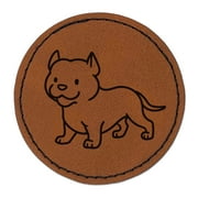 Pit Bull Standing Dog 2.5" Faux Leather Round Engraved Iron-On Patch - Brown