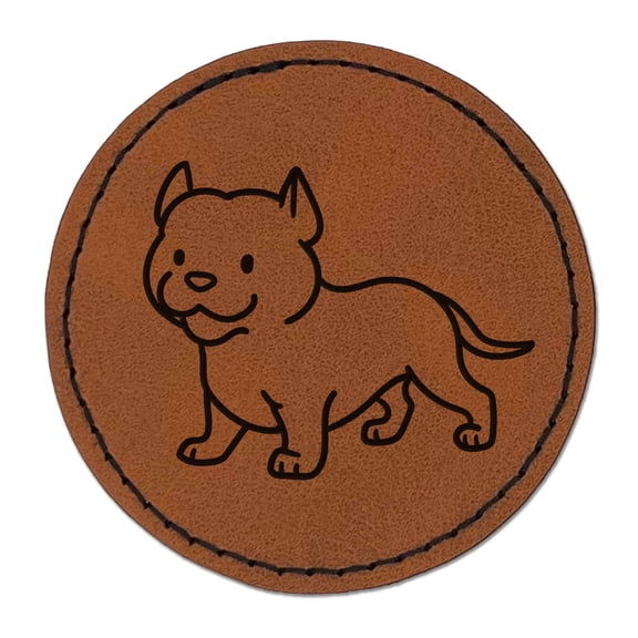 Pit Bull Standing Dog 2.5" Faux Leather Round Engraved Iron-On Patch - Brown