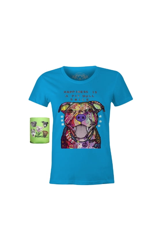 Pit Bull T-Shirt, Happiness is A Pit Bull Smile Womens' T-Shirt & Can Holder Bundle Set, Pit Bull Mom