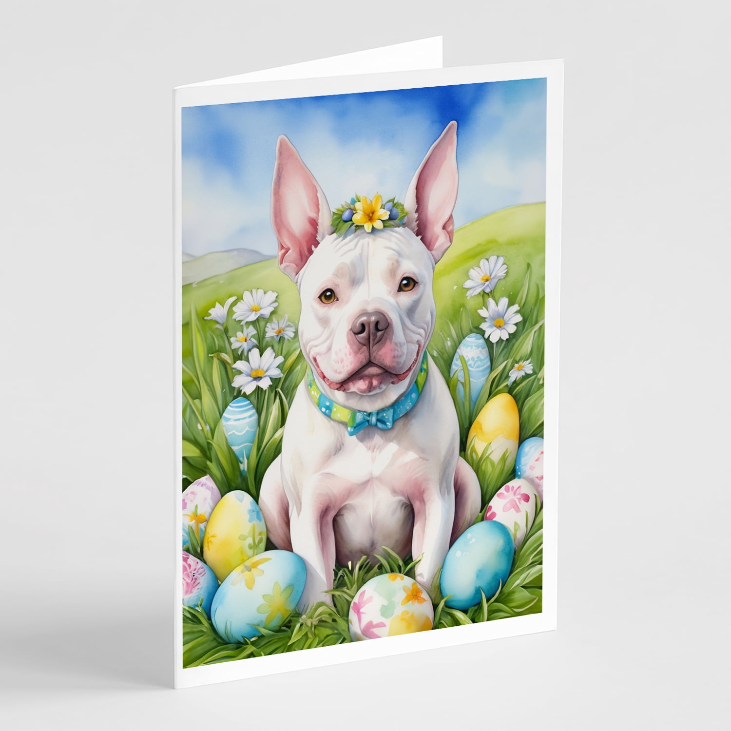 Pit Bull Terrier Easter Egg Hunt Greeting Cards Pack of 8 7 in x 5 in