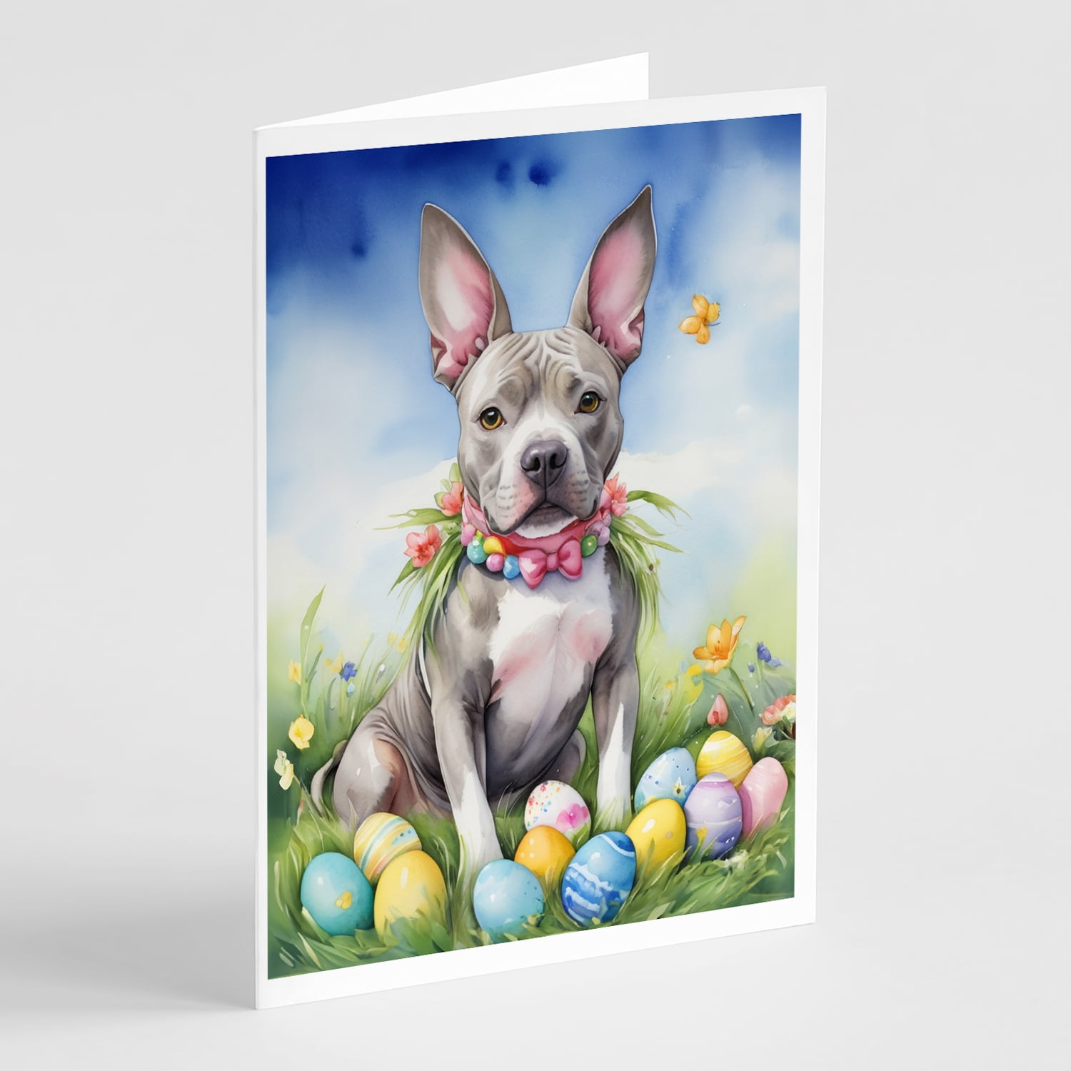 Pit Bull Terrier Easter Egg Hunt Greeting Cards Pack of 8 7 in x 5 in