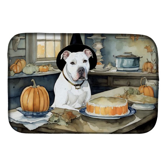 Pit Bull Terrier Fall Kitchen Pumpkins Dish Drying Mat 14 in x 21 in