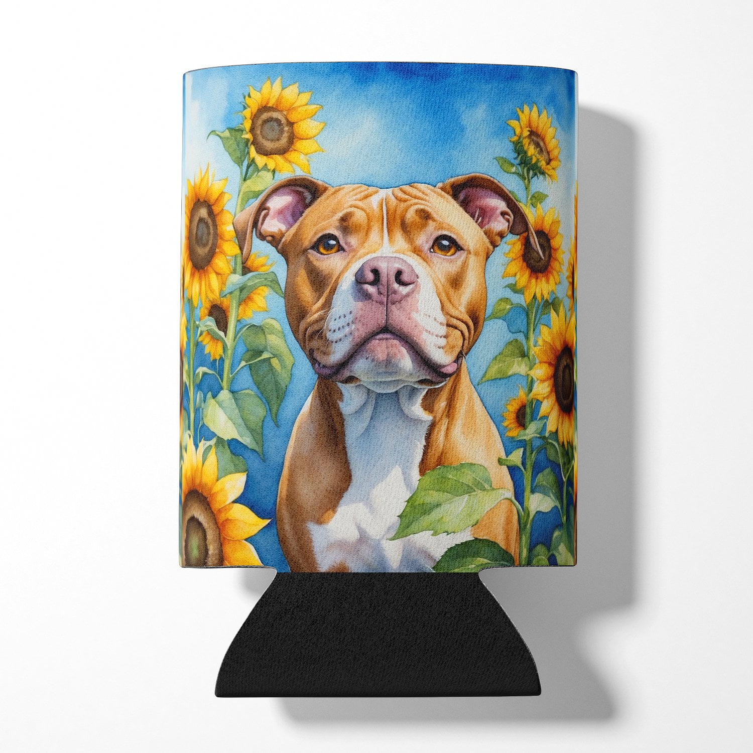 Pit Bull Terrier in Sunflowers Can or Bottle Hugger 3 in x 5 in