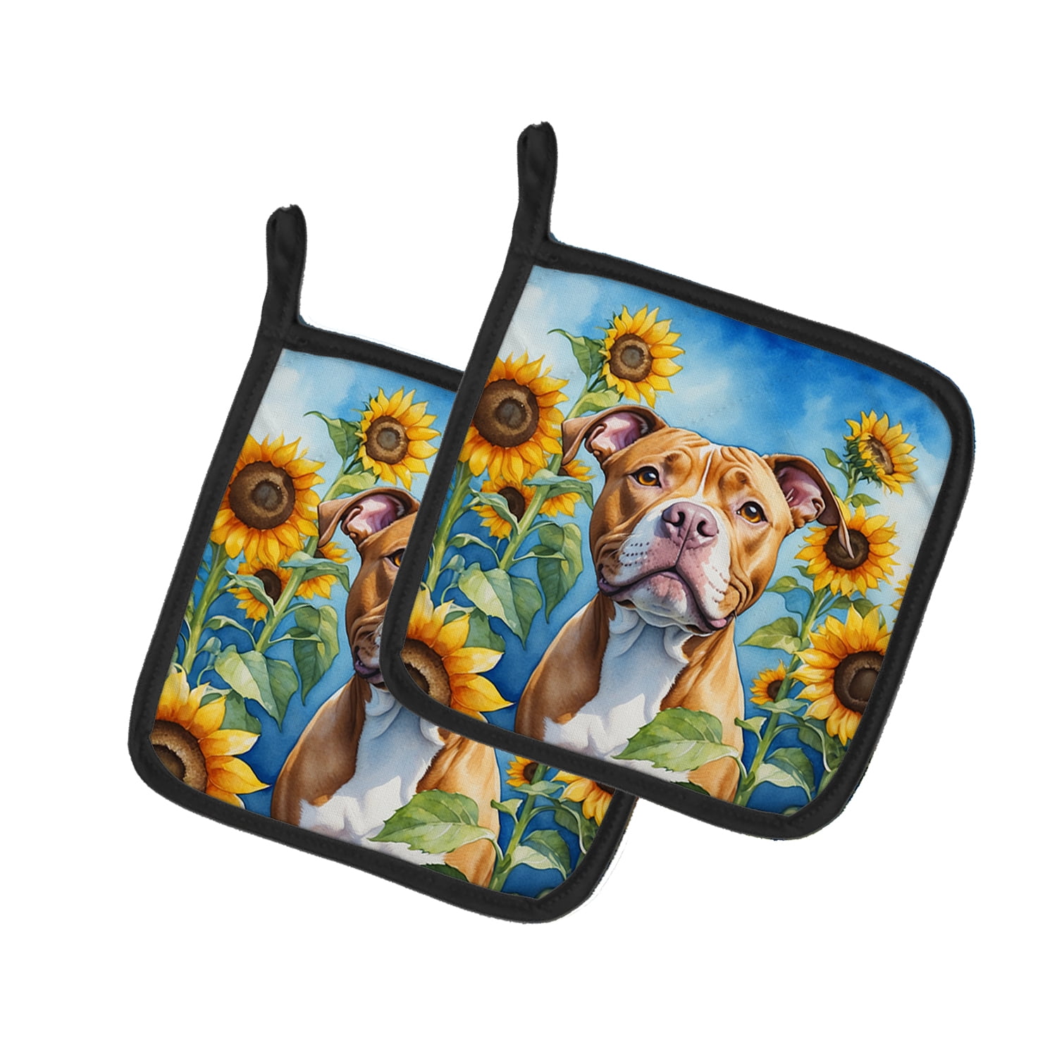 Pit Bull Terrier in Sunflowers Pair of Pot Holders