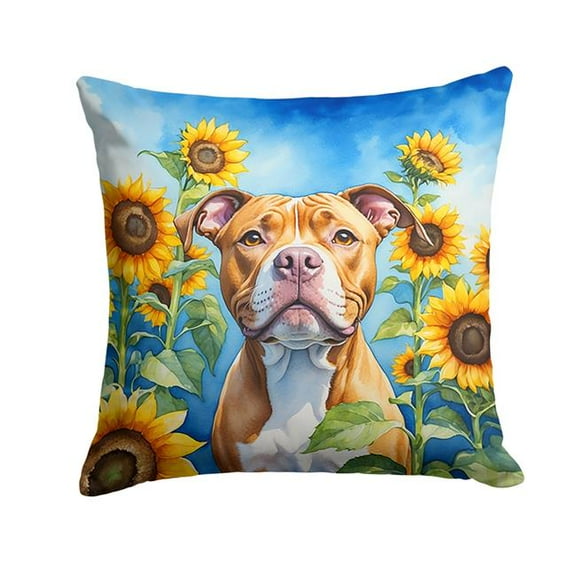 Pit Bull Terrier in Sunflowers Throw Pillow 14 in x 14 in