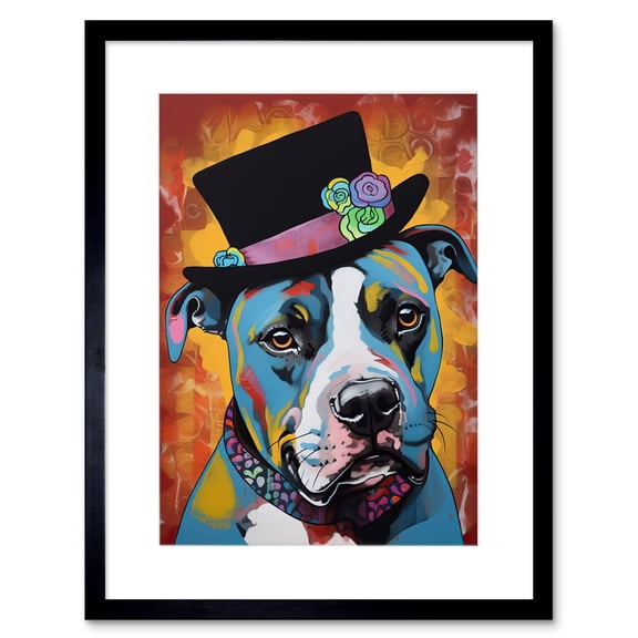Pit Bull Wearing Flower Top Hat Modern Pop Art Artwork Framed Wall Art Print 9X7 Inch