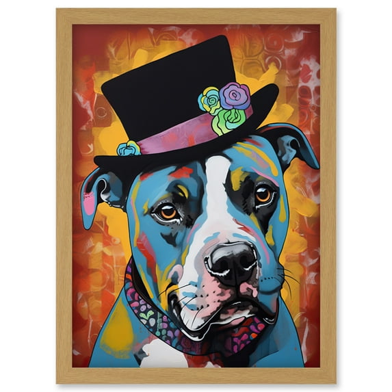 Pit Bull Wearing Flower Top Hat Modern Pop Art Artwork Framed Wall Art Print A4