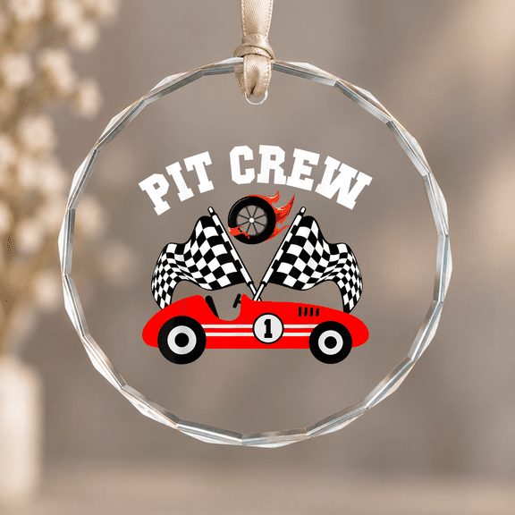 Pit Crew Family Racing Birthday Race Car Christmas Ornament, Age Milestone Keepsake, Circle Glass Ornament