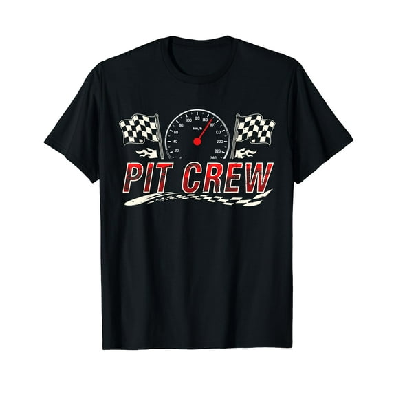 Pit Crew Race Car Party Shirt Checkered Flag Car Racing Black T-Shirt