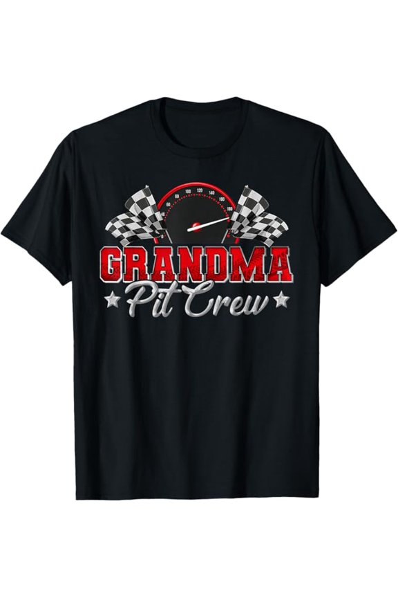 Pit Crew Race Car Racing Grandma Family Birthday Party Gift T-Shirt - Black with Checkered Flags and Speedometer Design