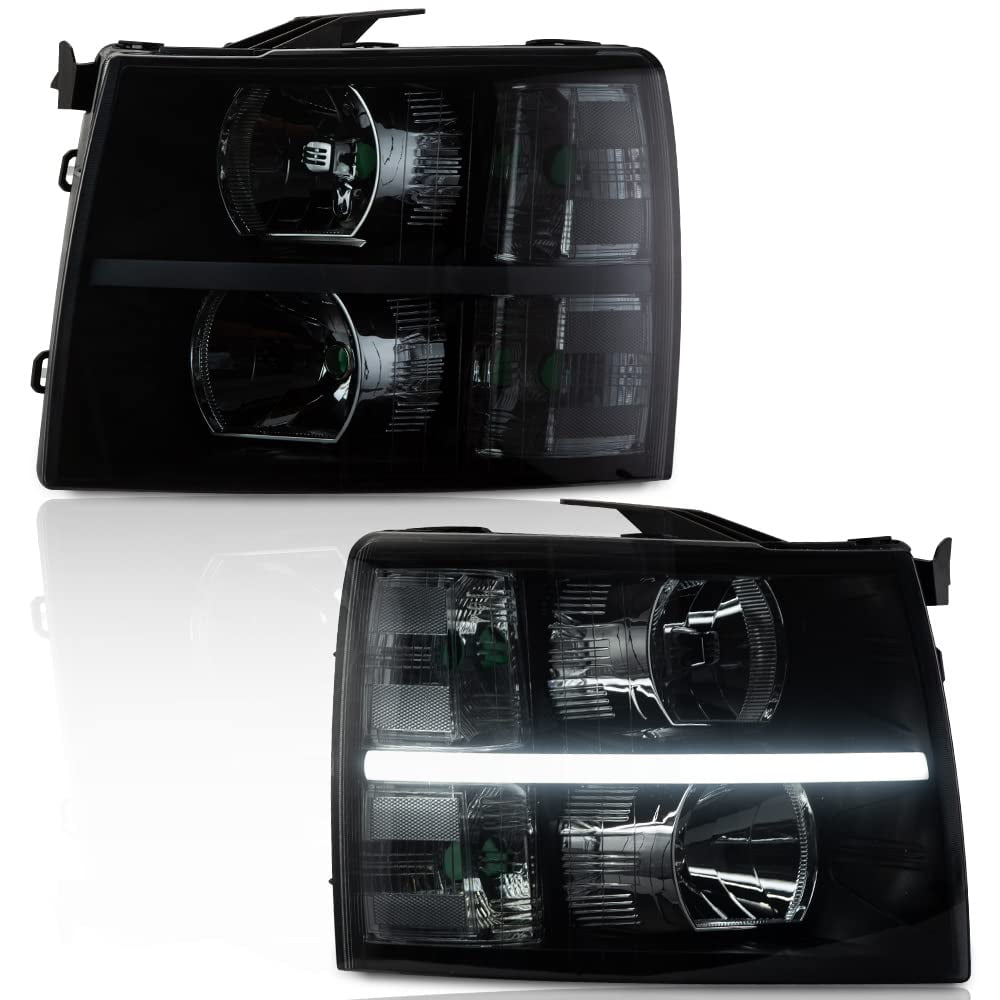 Pit66 Fit For 0714 Chevy Silverado LED DRL Strip Smoke Lens Headlight Assembly Pair