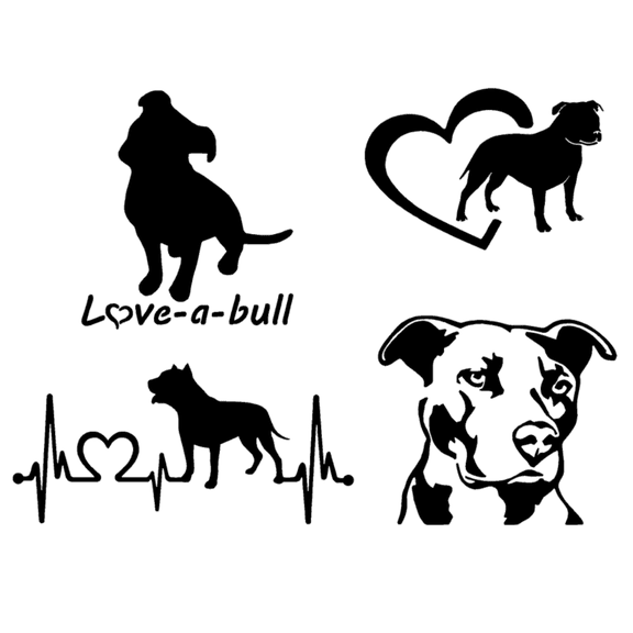 PitBull Decal 4 Pack: Love-a-bull, Pitbull Heartbeat, American Pit Bull Terrier Heart, Detailed Pit Bull Face Decals Black, Small ~3.5")