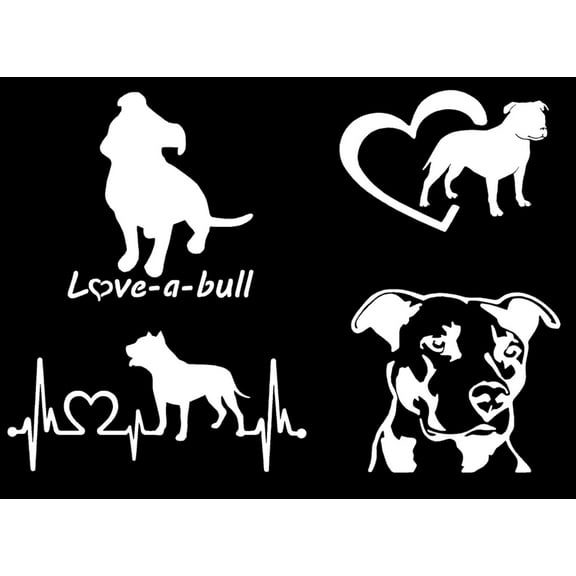 PitBull Decal 4 Pack: Love-a-bull, Pitbull Heartbeat, American Pit Bull Terrier Heart, Detailed Pit Bull Face Decals (White, Small ~3.5")