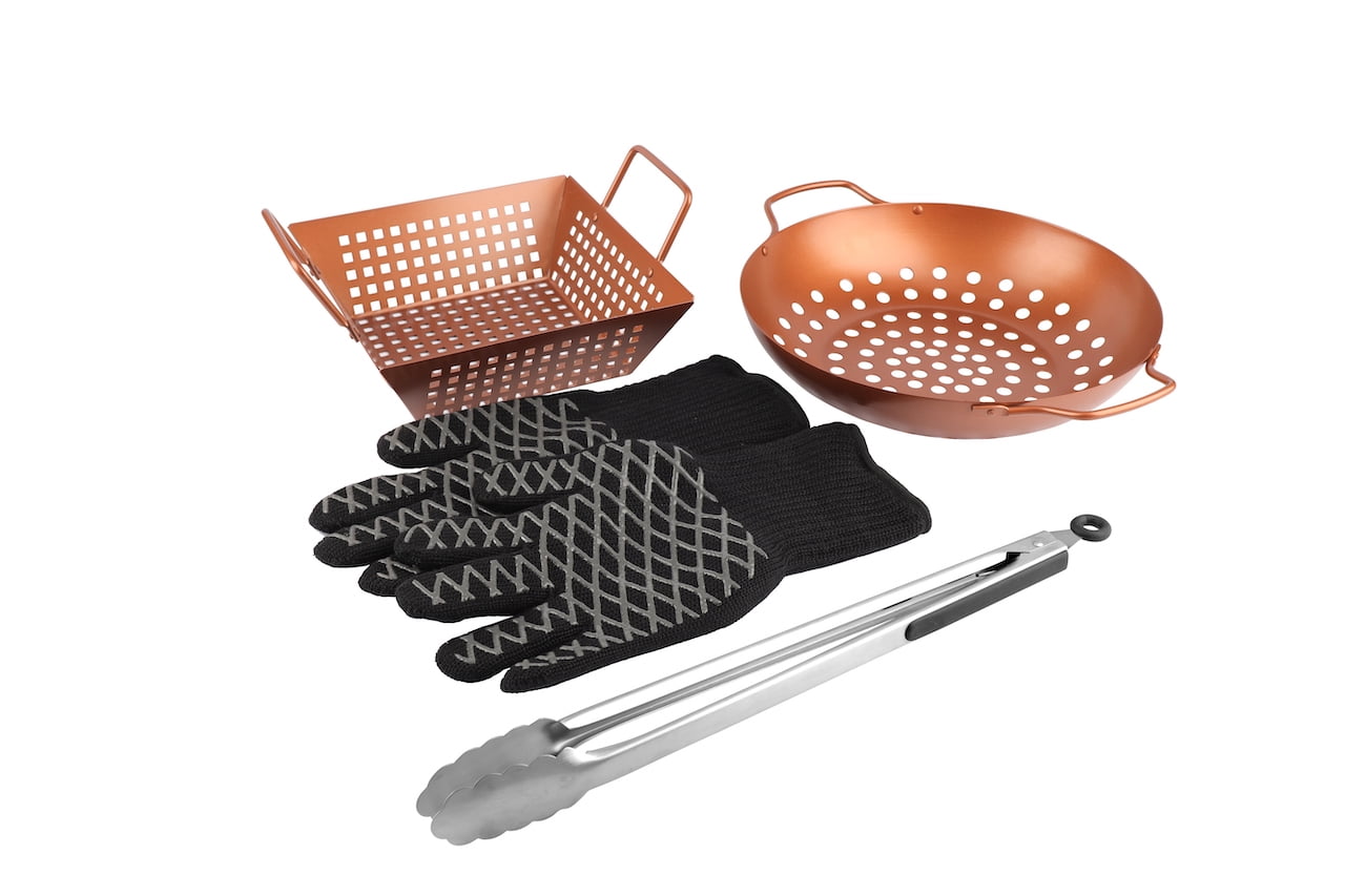 Pitmaster King 4pc Cast Iron Pizza Stone, Round Griddle, Skillet with Handles, Pizza Cutter, 932F Heat Resistant Gloves