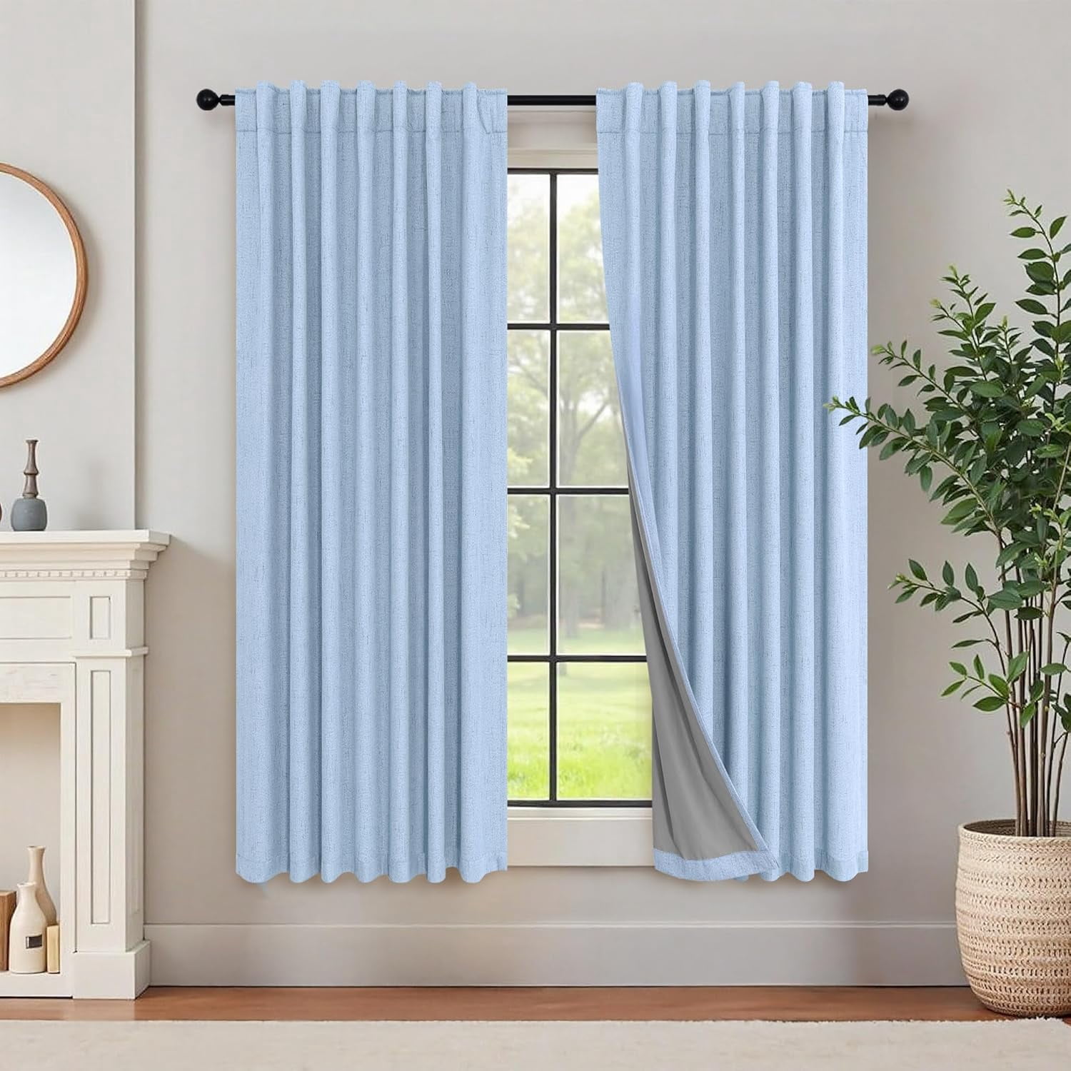 Pitalk Light Blue Linen Blend Curtains 102 Inches Long - 2 Panel Set, Grommet Top, Semi-Sheer Light Filtering