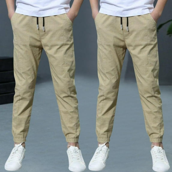 Pitauce 2 Pack Boys Linen Pants Straight Leg Casual Drawstring Joggers Lightweight Athletic Trouser Summer Beach Pants with Pockets