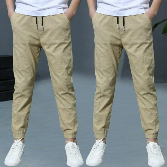 Pitauce 2 Pack Boys Linen Pants Straight Leg Casual Drawstring Joggers Lightweight Athletic Trouser Summer Beach Pants with Pockets