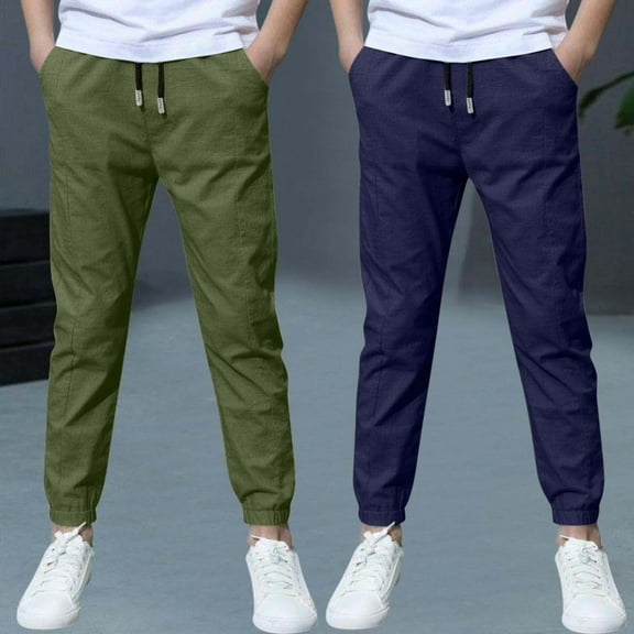 Pitauce 2 Pack Boys Linen Pants Straight Leg Casual Drawstring Joggers Lightweight Athletic Trouser Summer Beach Pants with Pockets