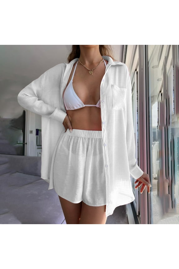 2 Piece Sheer Cotton Swimsuit Coverup for Women - Long Sleeve Button Down Bikini Cover Up with Shorts, Summer Beach Cover Up Set