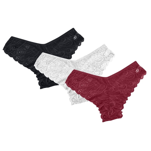 Pitauce 3PC Womens Floral Lace Underwear V-Shape Low Waist Breathable Seamless Panties Comfortable Cheeky Briefs Panties