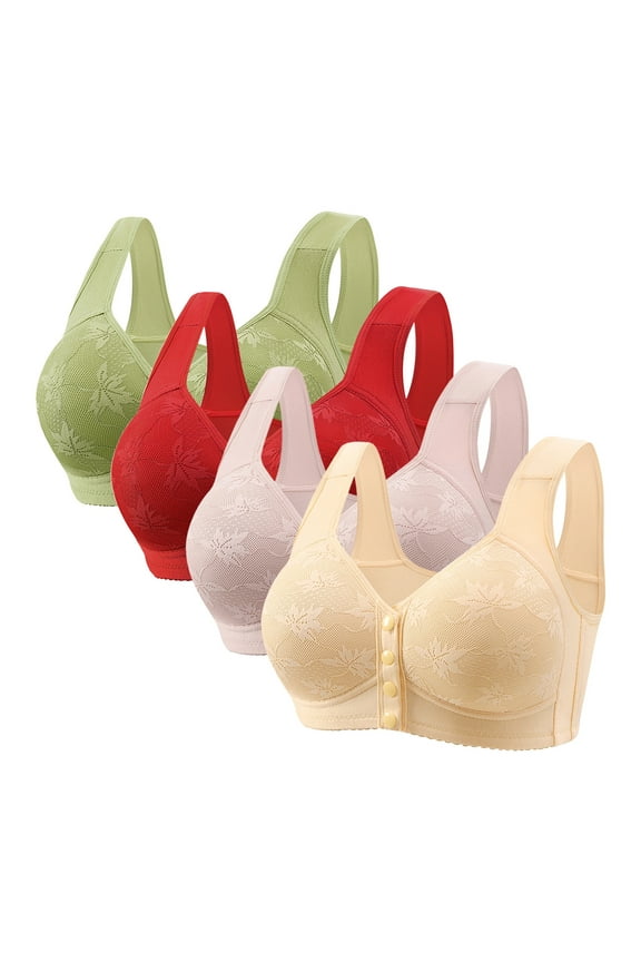 4 Pack Daisy Bras for Older Women Front Closure Wireless Push Up Bras Wirefree Full Coverage Lace Bra Comfortable Everyday Sleep Bras