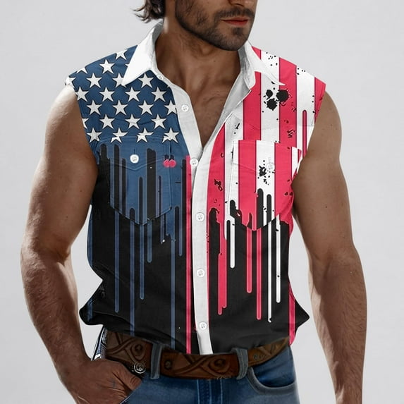 Pitauce 4th of July Patriotic Shirt Mens Sleeveless Button Down Hawaiian Shirt USA Flag Tank Tops Summer Beach Shirt wih Pockets, S-3XL