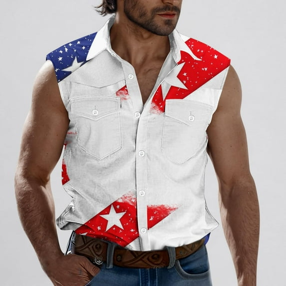 Pitauce 4th of July Patriotic Shirt Mens Sleeveless Button Down Hawaiian Shirt USA Flag Tank Tops Summer Beach Shirt wih Pockets, S-3XL