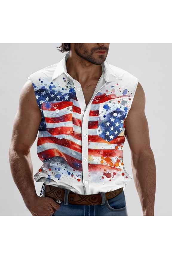 4th of July Patriotic Shirt Mens Sleeveless Button Down Hawaiian Shirt USA Flag Tank Tops Summer Beach Shirt wih Pockets, S-3XL