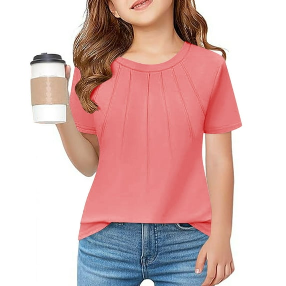 Pitauce Big Girls Solid Color Crew Neck T-Shirt Short Sleeve Ruched Tees Summer Casual Blouses Basic Tops for Kids 3-14 Years