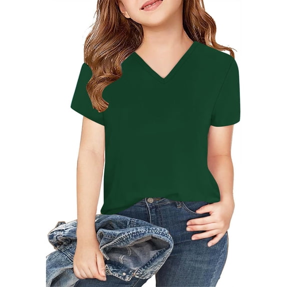 Pitauce Big Girls Solid V-Neck T-Shirt Short Sleeve Basic Shirt Kids Summer Tops Casual Tee Tops, 3-14 Years