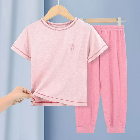 Pitauce Boys Girls Soft Cotton Pajama Set Short Sleeve Tops with Pants Loungewear Summer 2 Piece Lounge Set for Big Kids 2-16 Years