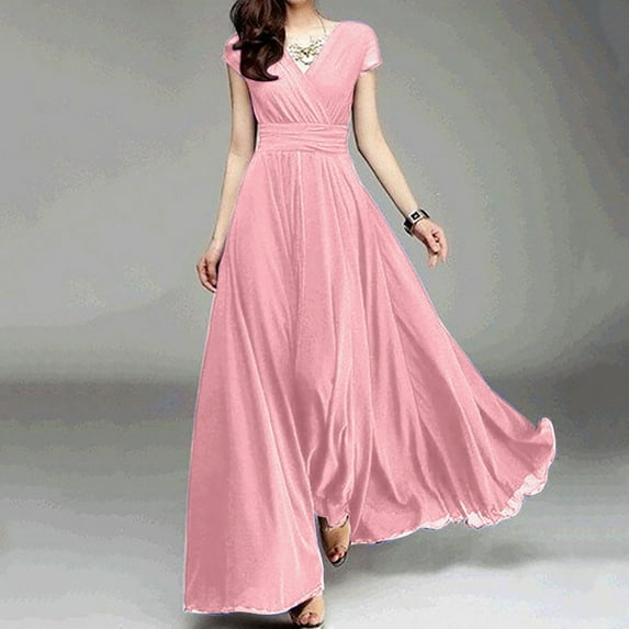 Pitauce Formal Dresses for Women V Neck Solid Color Short Sleeve Maxi Dress Chiffon Waist Closing Evening Dress on Clearance