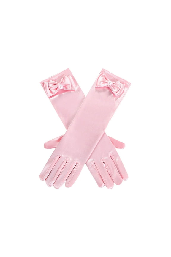 Girls Princess Gloves Long Satin Dress Up Diamonds Bows Gloves for Wedding Birthday Party Cosplay