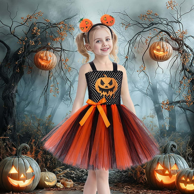 Pitauce Girls Sleeveless Puffy Dress Halloween Pumpkin Print Tutu