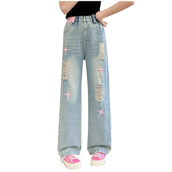 Pitauce Girls Wide Leg Jeans Casual Baggy Elastic High Waist Denim Pants Vintage Y2K Streetwear with Pockets 5-15 Years