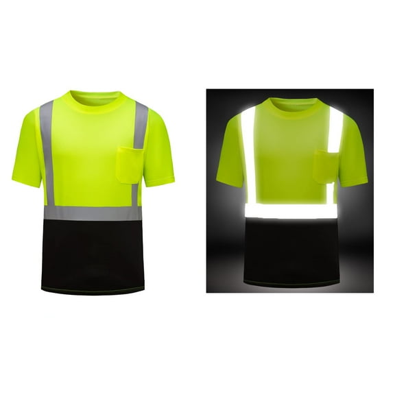 Pitauce High Visibility Shirts for Men, Quick Dry Safety T-Shirts with Reflective Strips & Chest Pocket, Short Sleeve Construction Work Shirts with Black Bottom, M-4XL