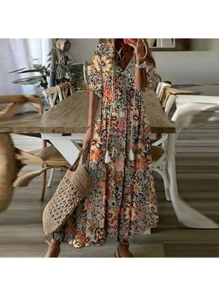 ZXZY Boho Style Women Dress Long Sleeve Beach Summer Dresses Floral Print  Vintage Maxi Dress