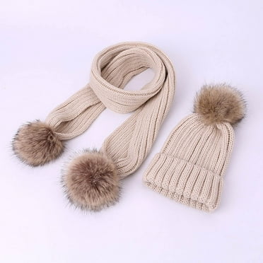 Pitauce Kids Winter Hat/Long Scraf Set, Boys Girls Warm Knitted Cotton Hat and Neck Warmer 2 Piece Set with Pom Pom