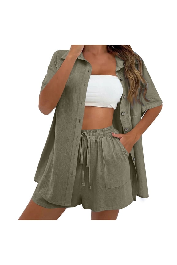 Linen Shorts Sets Women 2 Piece Short Sleeve Button Down Shirt and Drawstring Shorts Lounge Tracksuit Summer Vacation Beach Outfits