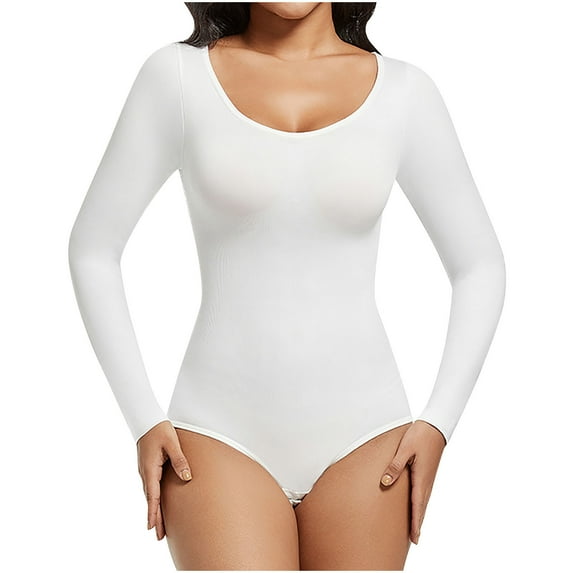 Pitauce Long Sleeve Bodysuits for Women Scoop Neck Ribbed Body Suit Tummy Control Seamless Shapewear Stretchy Basic T Shirt Going Out Tops