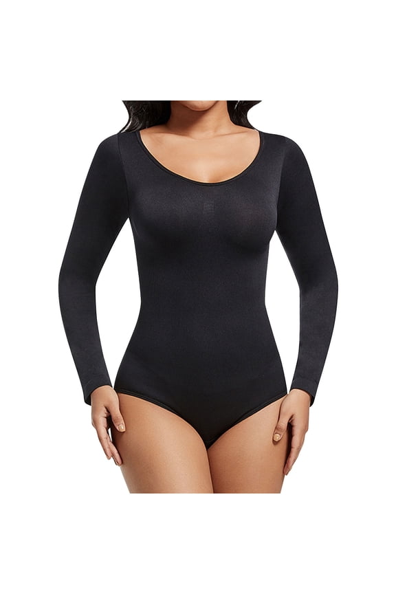 Long Sleeve Bodysuits for Women Scoop Neck Ribbed Body Suit Tummy Control Seamless Shapewear Stretchy Basic T Shirt Going Out Tops