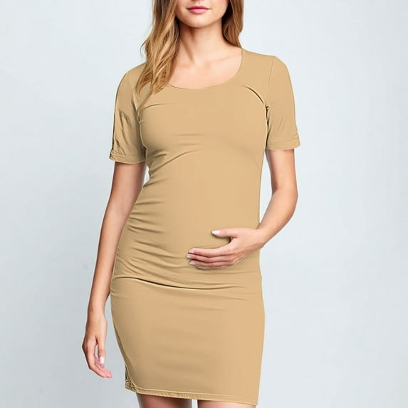 Pitauce Maternity Short Sleeve Bodycon Dress Pregnancy Crew Neck Side Ruched Dress Summer Casual Dresses for Daily Baby Shower