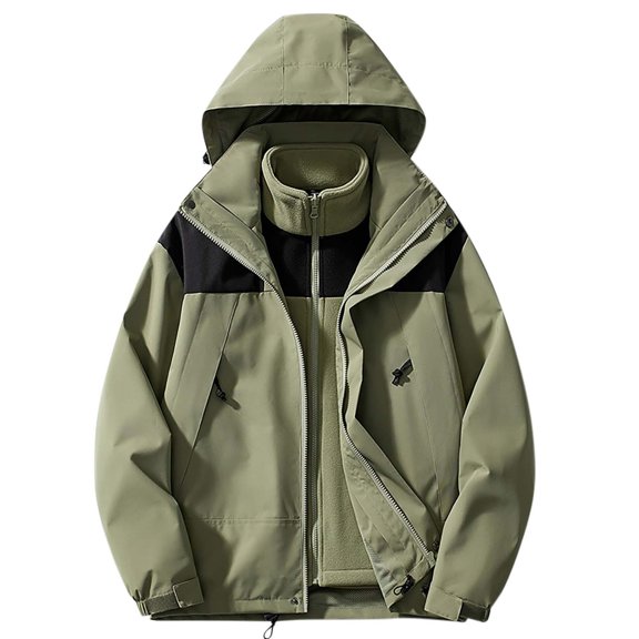Pitauce Men's 3-in-1 Hooded Rain Jacket with Warm Fleece Lining Coat, Winter Waterproof Ski Jacket, Casual Outdoors Sports Windbreak Jacket with Zippered Pockets