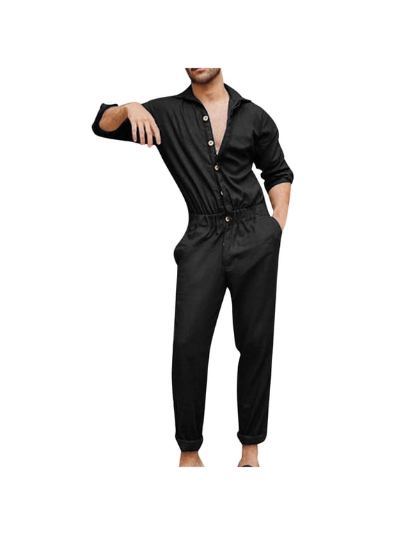 Men's Long Sleeve Button Down Coveralls, Lightweight Elastic Waist Casual Jumpsuits Overalls, Twill Wrinkle Resistant Work Coverall with Pockets