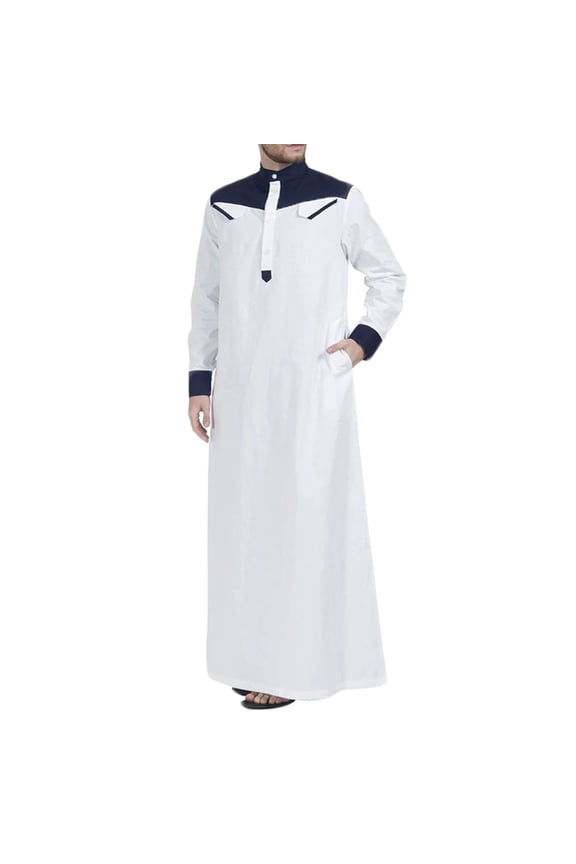 Men's Muslim Kaftan Thobe Long Sleeve Button Down Robes Lightweight Breathable Ramadan Long Dress with Pocket (Available in Big and Tall)