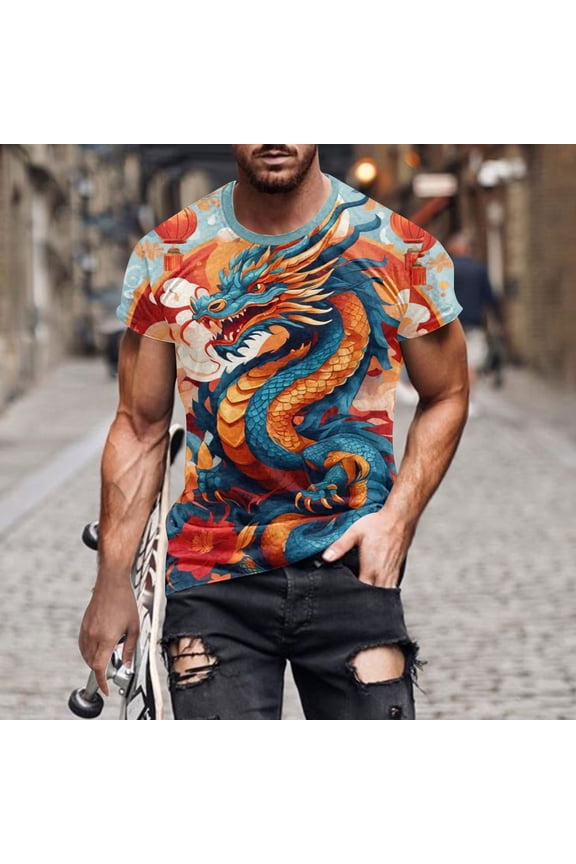 Men's Short Sleeve T-Shirt 3D Dragon Printed Oversized Graphic Tees Tops Crew Neck Tunic Tops Summer Casual Loose Fit Plus Size Blouse