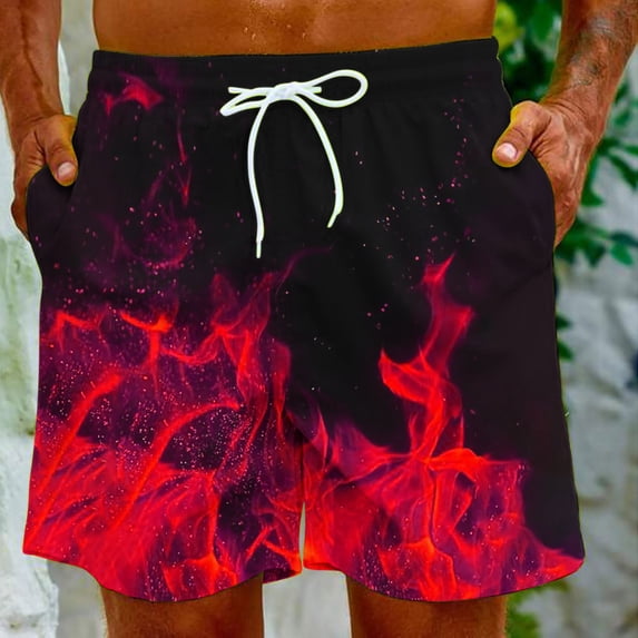 Pitauce Men's Summer Plus Size Board Shorts Flame Print Breathable Quick-Drying Beachwear Elastic Waist Drawstring Beach Bathing Suit with Pocket